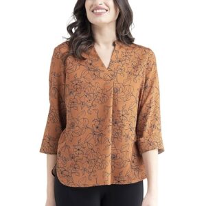 FableStreet Women Shirt Work & Casual | Relaxed Fit Mandarin V-Neck Three-Quarter Sleeves Solid Pattern | Breathable Woven Fabric for Office & Everyday Wear